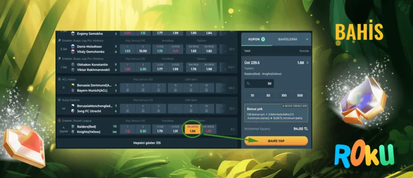 Rokubet spor bahis arayüzü